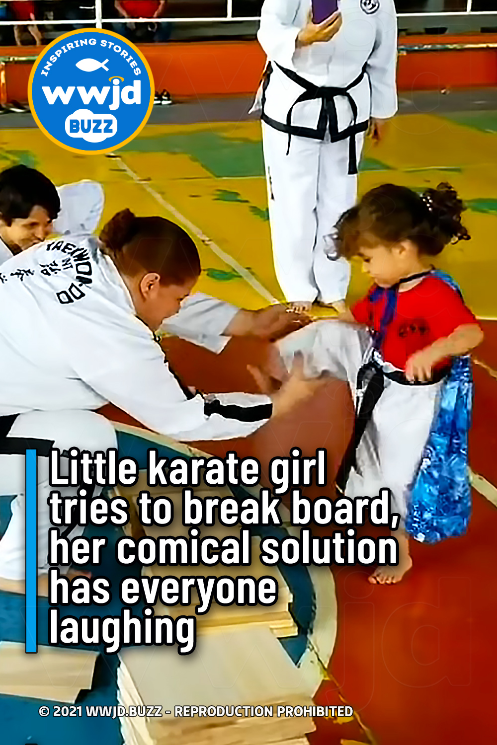 Little karate girl tries to break board, her comical solution has everyone laughing