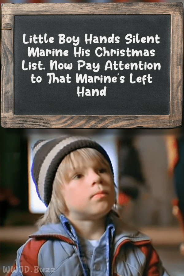 Little Boy Hands Silent Marine His Christmas List. Now Pay Attention to That Marine\'s Left Hand