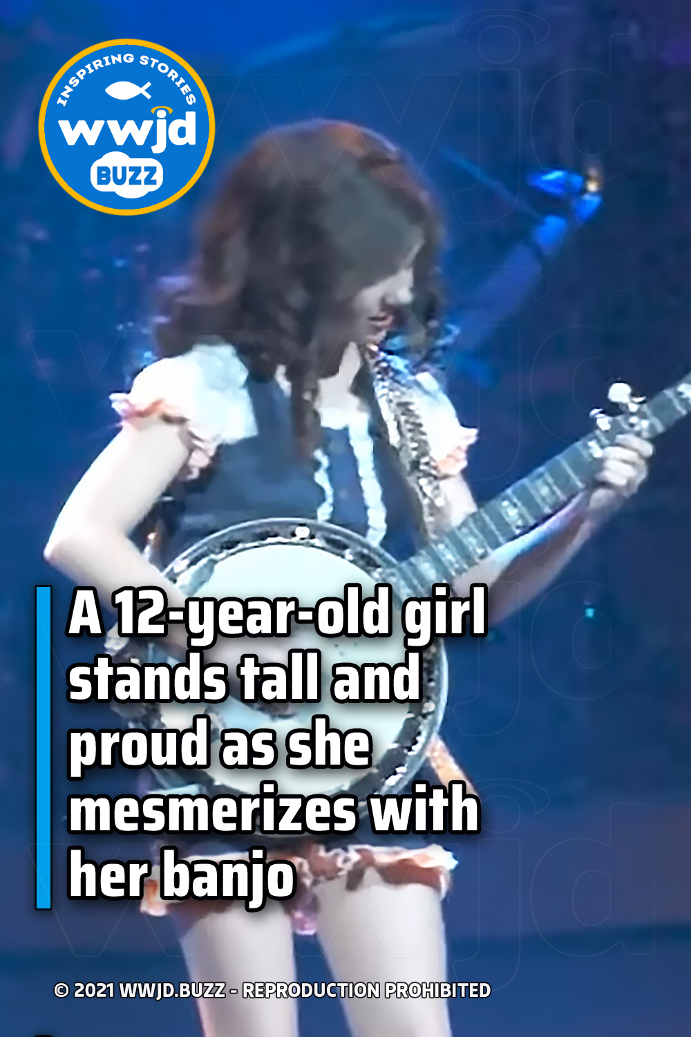 A 12-year-old girl stands tall and proud as she mesmerizes with her banjo