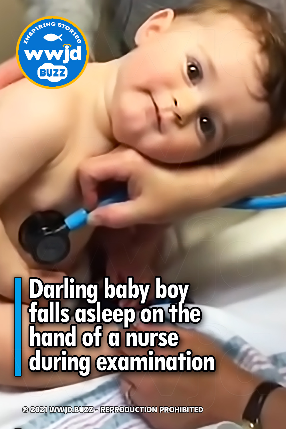 Darling baby boy falls asleep on the hand of a nurse during examination