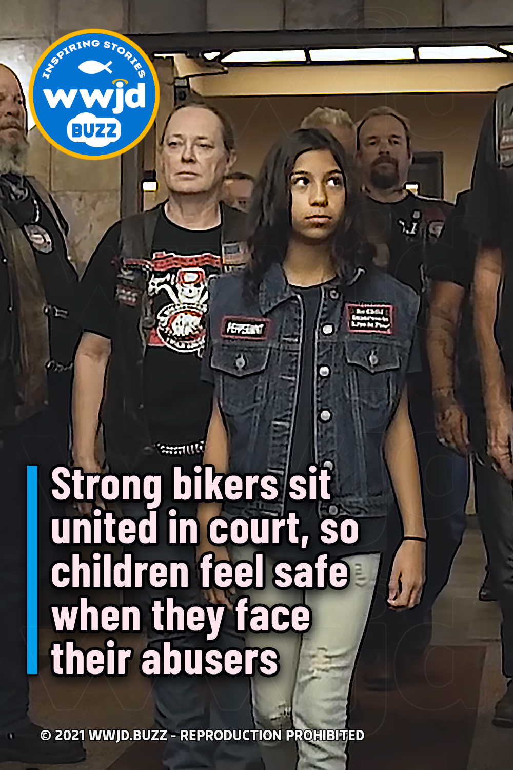 Strong bikers sit united in court, so children feel safe when they face their abusers