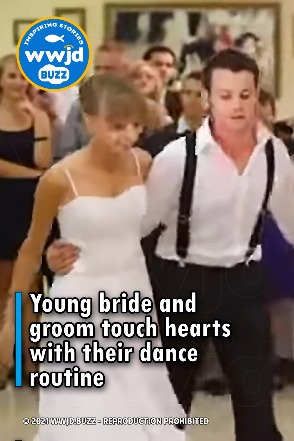 Young bride and groom touch hearts with their dance routine