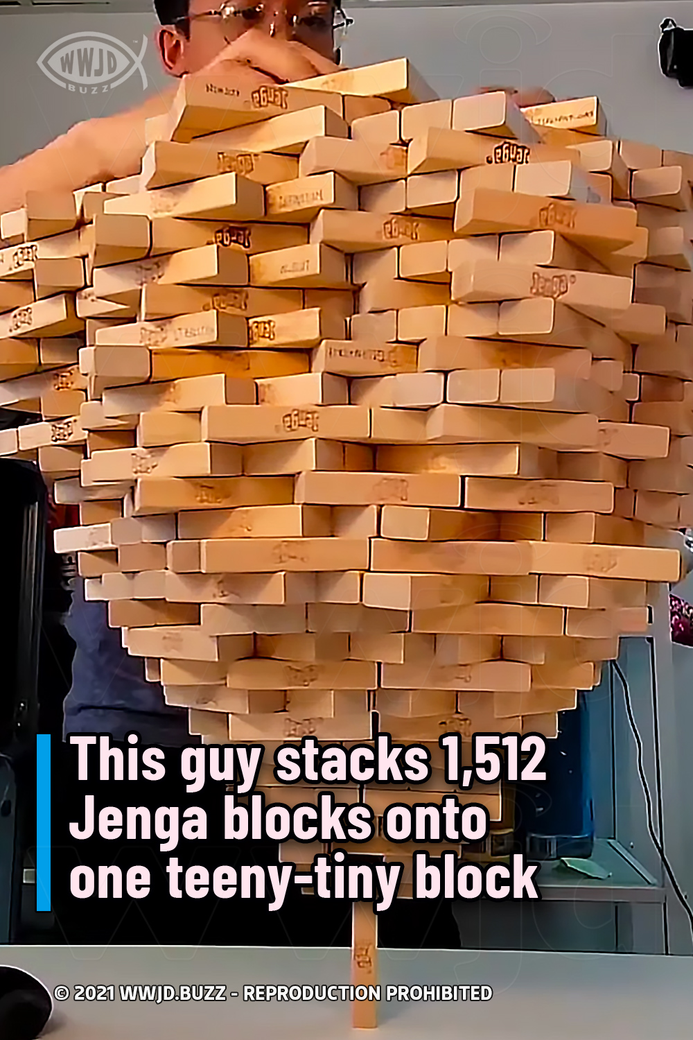 This guy stacks 1,512 Jenga blocks onto one teeny-tiny block