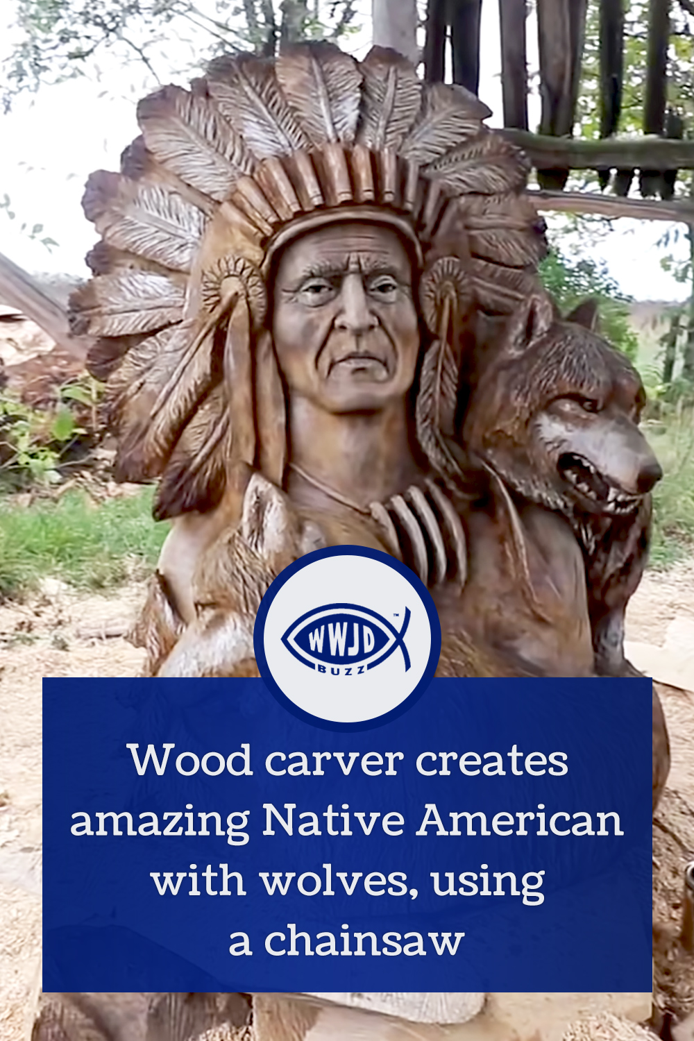 Wood carver creates amazing Native American with wolves, using a chainsaw