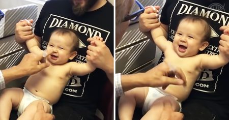 Doctor is making getting an injection fun for little baby