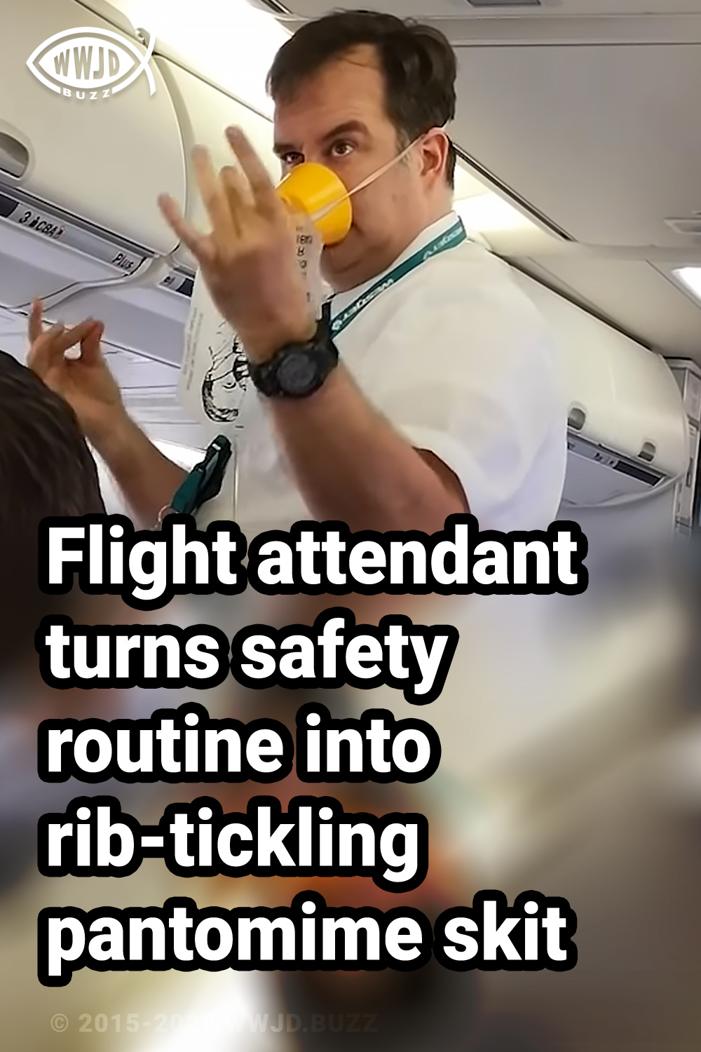 Flight attendant turns safety routine into rib-tickling pantomime skit