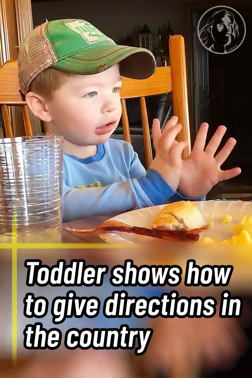 Toddler shows how to give directions in the country